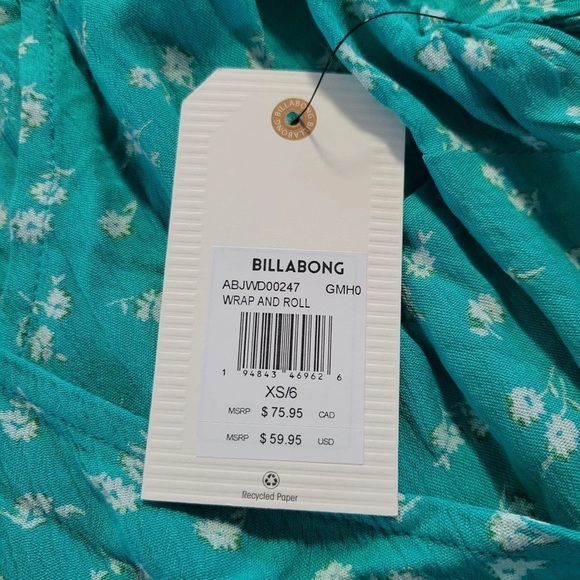 BILLABONG Wrap And Roll Mini Wrap Dress Floral Teal Crinckly Short Sz XS/6 - Picture 10 of 12